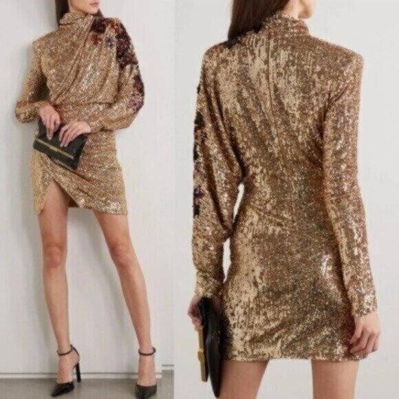 Redemption Runway Gold Sequin Draped Floral Turtleneck Mini Dress Size L - Picture 2 of 16